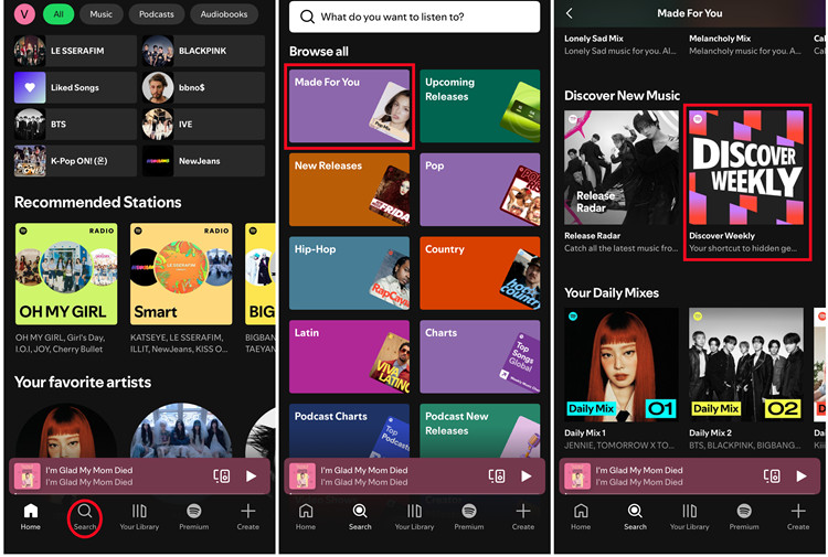 ios spotify home search made for you discover weekly