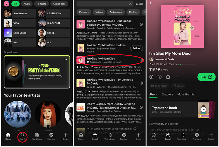 ios spotify search for an audiobook
