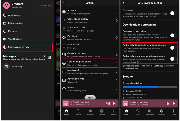 ios spotify settings and privacy data saving and offline audio only