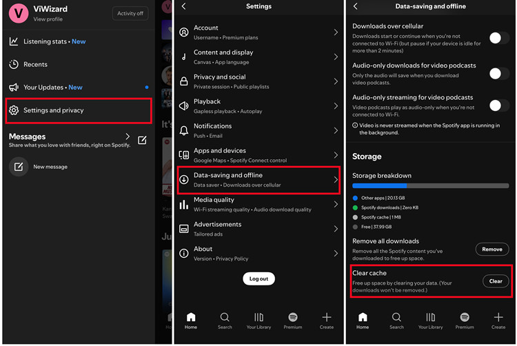 spotify mobile storage clear cache