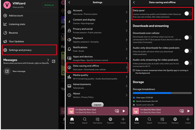 ios spotify settings and privacy data saving and offline data saver