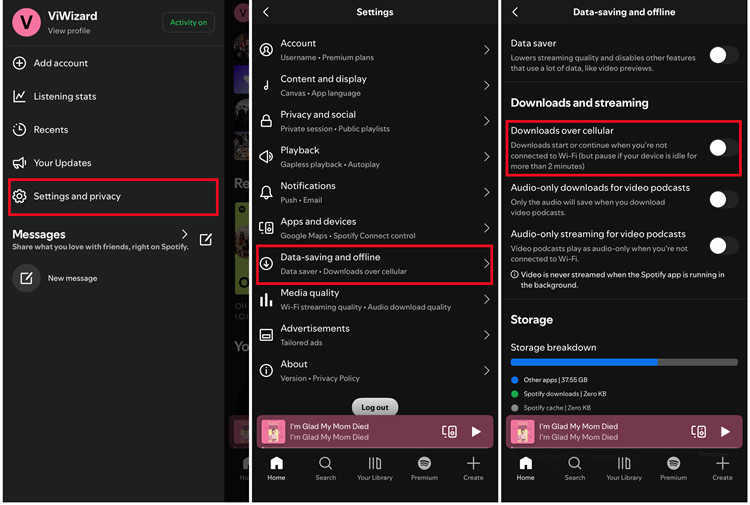 ios spotify settings and privacy data saving and offline download over cellular