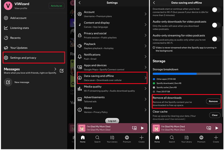 ios spotify settings and priavcy data saving and offline remove all downloads