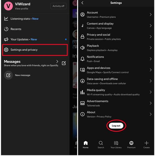 ios spotify settings and privacy log out