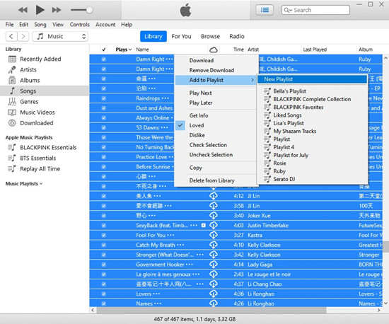 itunes library select all add to playlist new playlist