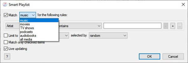 itunes smart playlist match music for the following rules