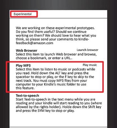 kindle reader experimental play mp3
