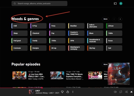 locate moods and genres on youtube music explore