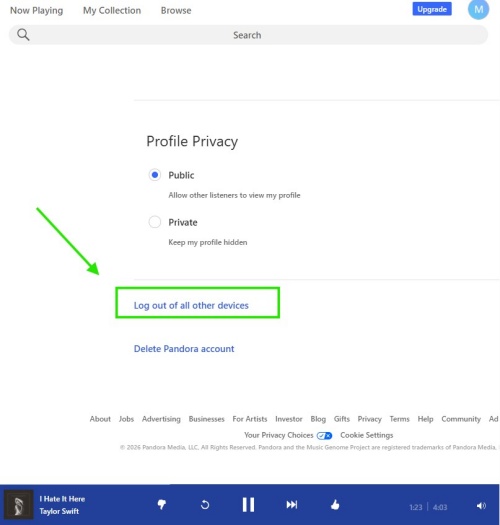 log out of pandora on all other devices via web