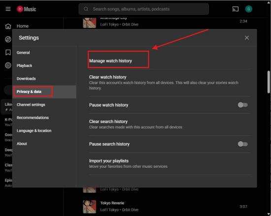 manage youtube music watch history