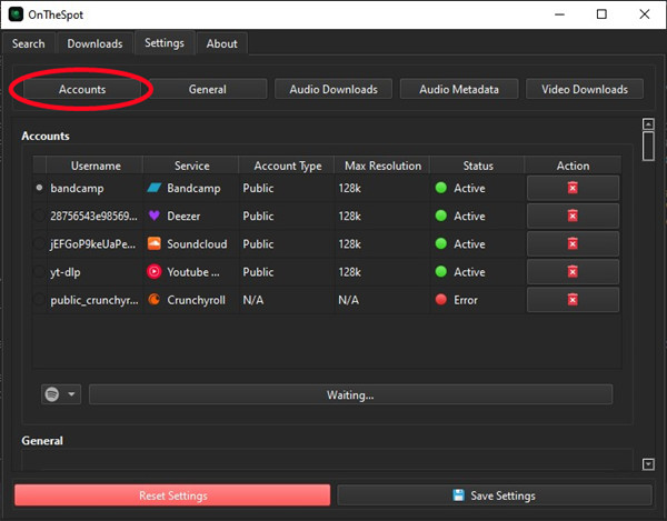 onthespot settings accounts
