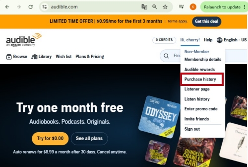 open your purchase history on audible on desktop