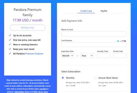 pandora family premium subscribe
