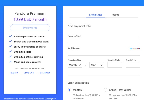 pandora premium subscribe