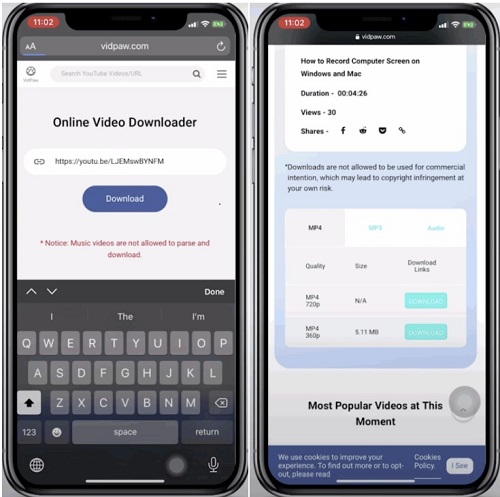 record audio from youtube on iphone via vidpaw