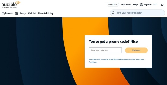 redeem audible promo code via the desktop website
