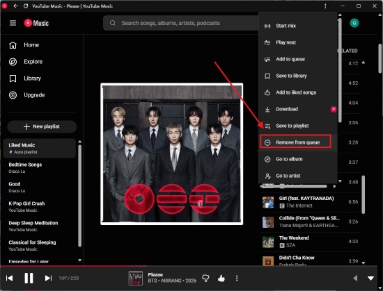 remove a song from youtube music web queue
