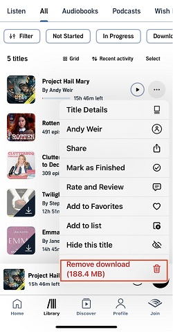 remove downloads of audible book