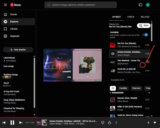 reorder youtube music queue on web