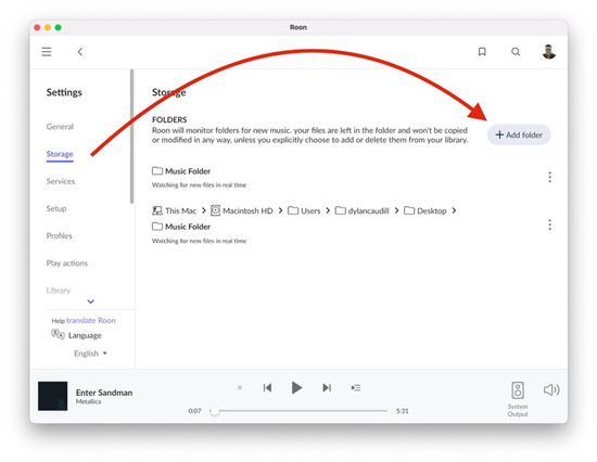 roon settings storage add folder