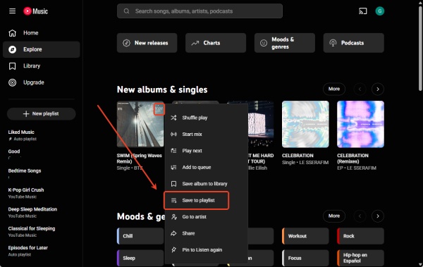 save to  playlist on youtube music web