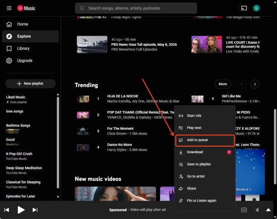 select add to queue on youtube music web