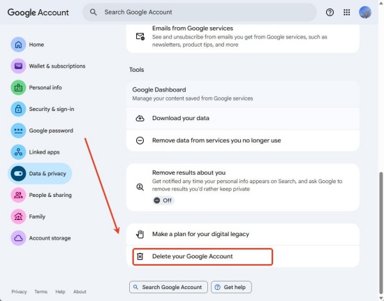 select delete google account