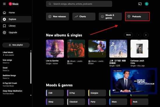 select podcast section of explore on youtube music