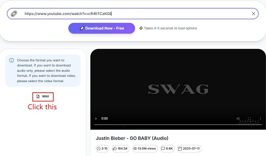 select wav for youtube conversion in cutyt