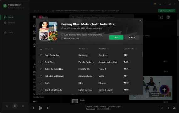select youtube tracks in noteburner