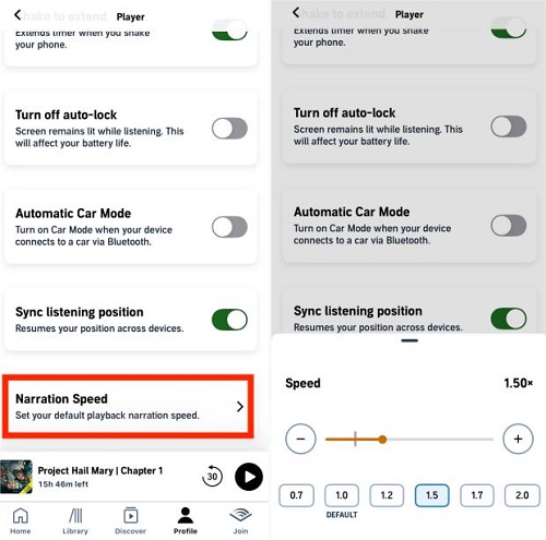 set audible narration default speed on mobile
