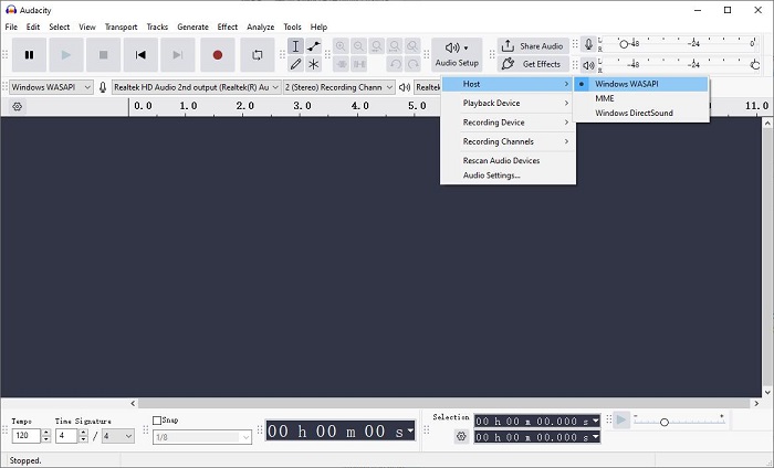 set audio host on audacity windows