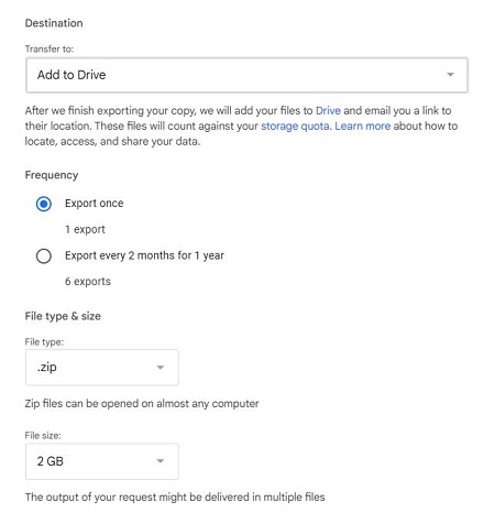set transfer settings in google takeout