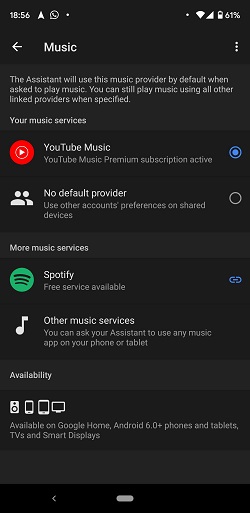 set youtube music as default player in google home app