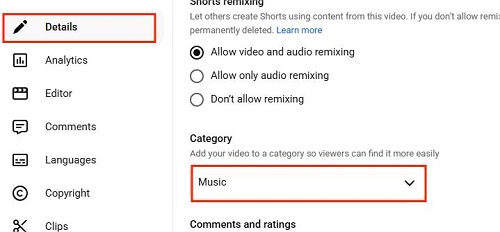 set youtube video category to music