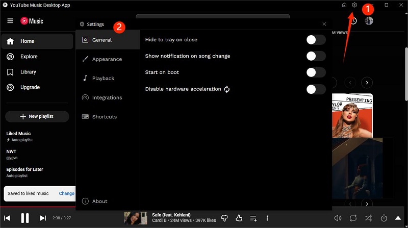 settings in youtube music desktop app