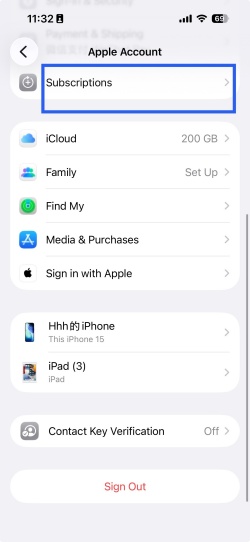 settings name apple account subscriptions on ios