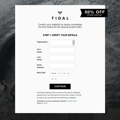 sheerid tidal student discount form