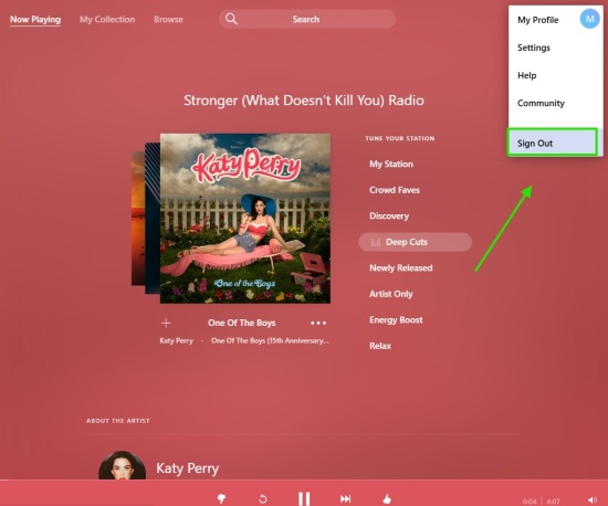sign out of pandora on web browser