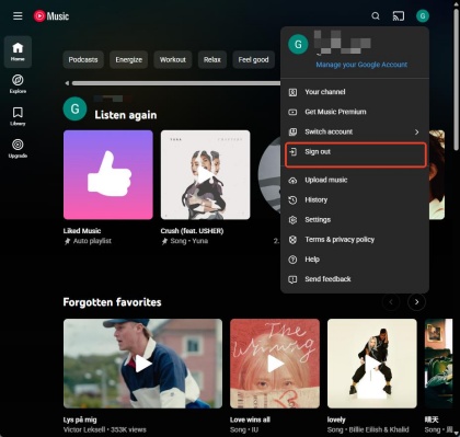 sign out of youtube music on web browser