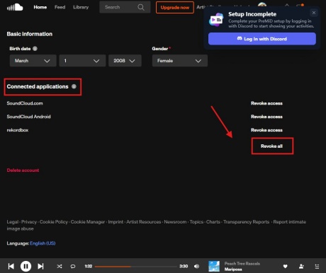 soundcloud settings connected applications revoke all