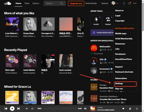 soundcloud settings on web
