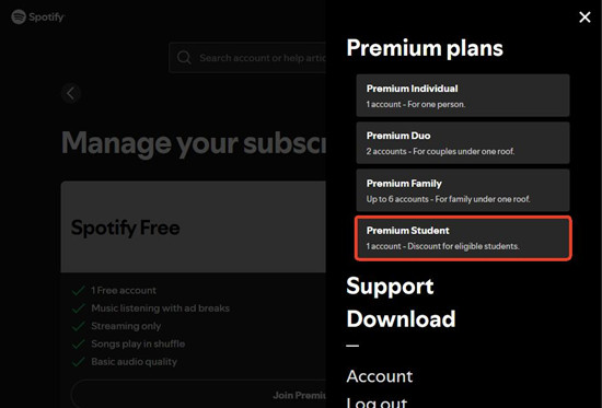 spotify account subscriptions premium plans premium student