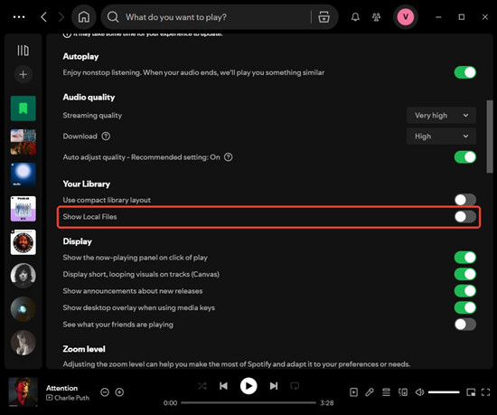 spotify desktop settings show local files