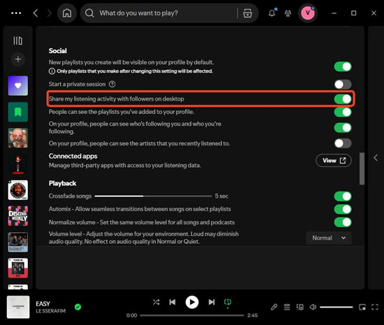 spotify desktop settings social share my listening activity with followers on desktop