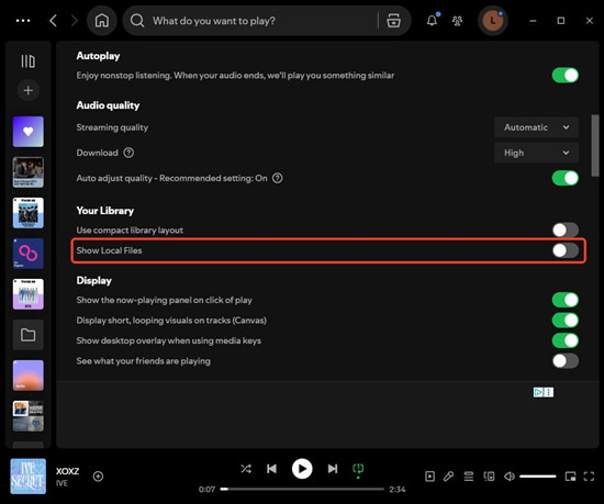 spotify desktop settings your library show local files
