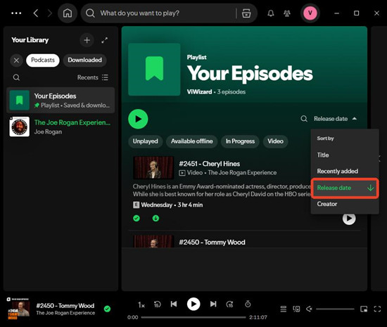 spotify desktop your episodes sory by release date