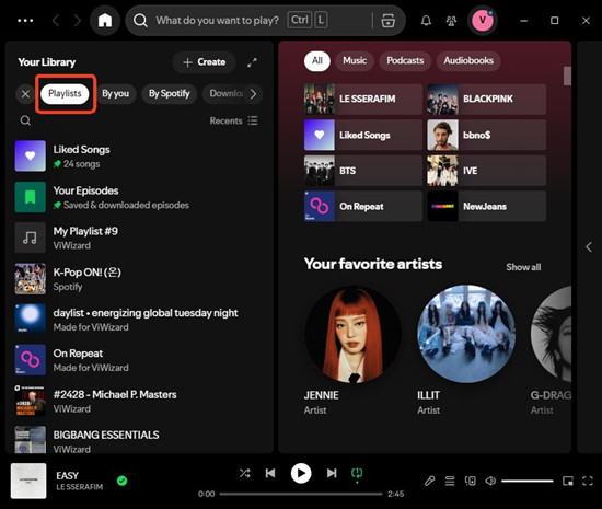 spotify desktop your library sort by playlists