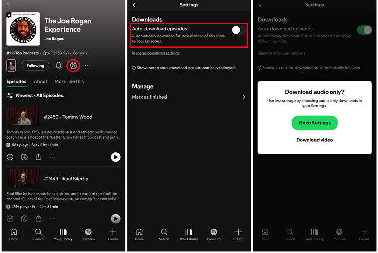 spotify mobile podcast settings downloads auto download episodes