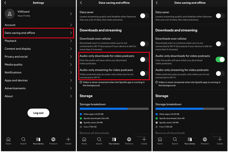spotify mobile settings and privacy data saving and offline audio only for video podcasts